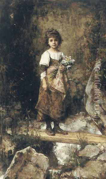 A Peasant Girl On A Footbridge Oil Painting - Alexei Alexeivich Harlamoff