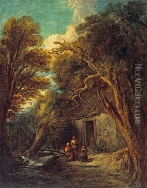 A Cottage In A Forest With Figures At The Door Oil Painting - Thomas Gainsborough