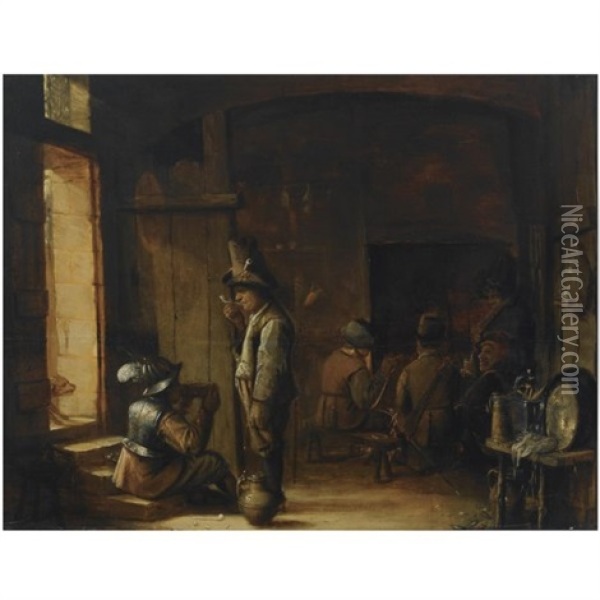 An Interior Of An Inn With A Peasant Smoking A Pipe And A Soldier Drinking, Other Figures Smoking And Drinking In The Background Oil Painting - Joos van Craesbeeck