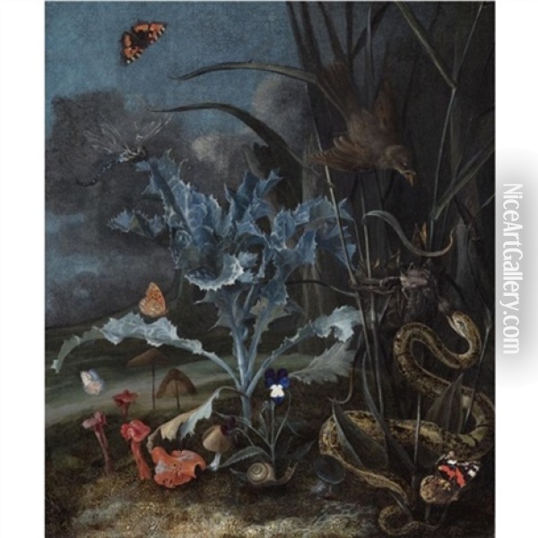 A Forest Floor, With A Milk Thistle, Fungi, A Wood Snail, A Queen Of Spain Fritillary, An Emperor Moth And An Aspis Adder Attacking A Fledgling Oil Painting - Otto Marseus van Schrieck