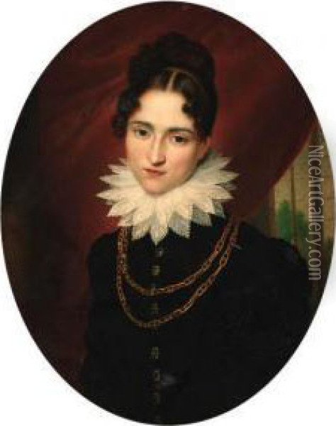 Portrait Of Contesse De Vilence, Bust-length, In A Dark Blue Dressand A Lace Collar, In A Feigned Oval Oil Painting - Francois F. Van Dorne