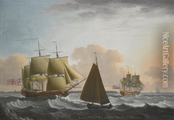 H.m.s. Amazon And H.m.s. Caroline In A Stiff Breeze Off The Nore Oil Painting - John Cleveley