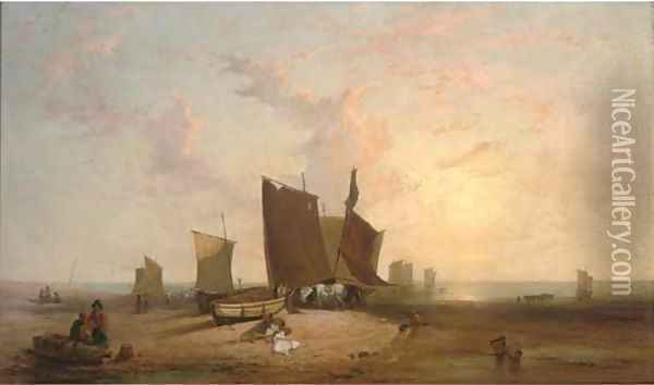 Low tide, fisherfolk on a beach unloading the catch Oil Painting - Richard Parkes Bonington