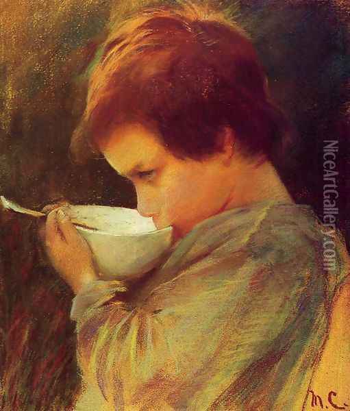 Child Drinking Milk Oil Painting - Mary Cassatt