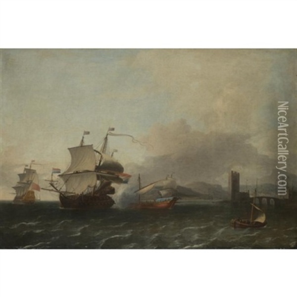 Dutch And English Shipping Off A Mediterranean Coast, With A Man-o-war Firing A Salute To A State Barge Oil Painting - Aernout (Johann Arnold) Smit