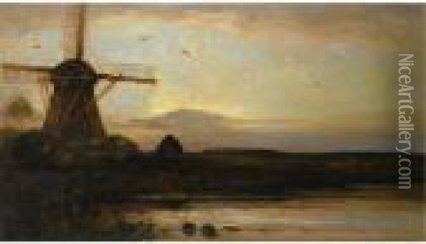 Oostzijdse Mill With Extended Light Blue, Yellow And Violet Sky Oil Painting - Piet Mondrian