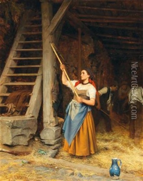 In The Barn Oil Painting - Carl Leopold Mueller