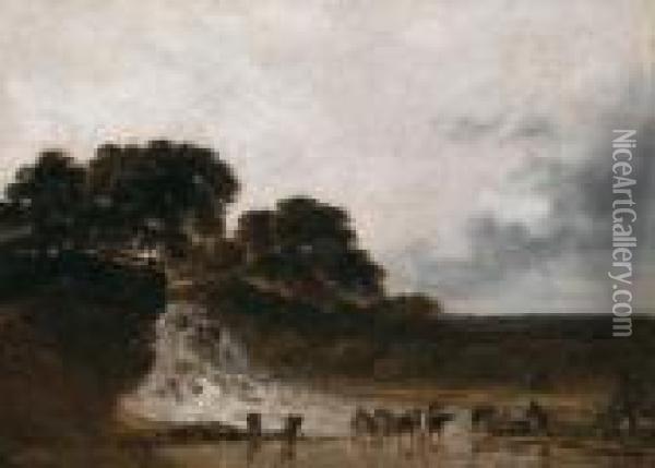 Rolling Countryside With Men Fishing Beside A Waterfall Oil Painting - Georges Michel