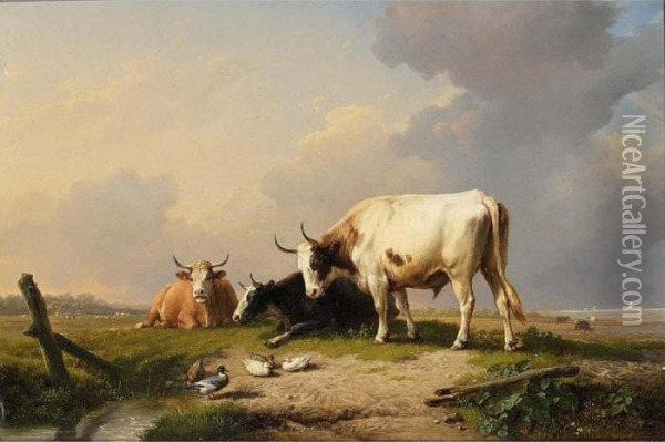 Cattle In A Summer Landscape Oil Painting - Eugene Joseph Verboeckhoven