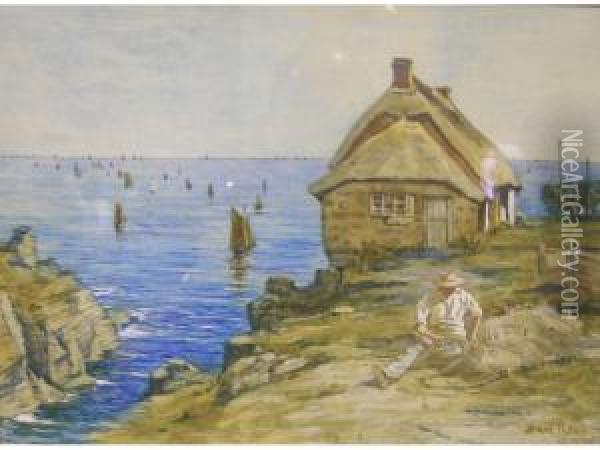 Fisherman Mending Nets Before Athatched Cottage Perched On Cliff Edge With Sea And Distant Boats Oil Painting - Samuel Reid