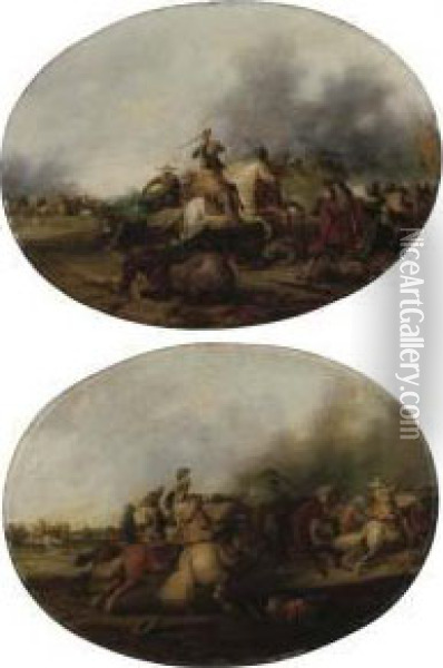 A Cavalry Skirmish With A Fallen Soldier; And A Cavalry Skirmishwith A Fallen Horse Oil Painting - Palamedes Palamedesz. (Stevaerts, Stevens)