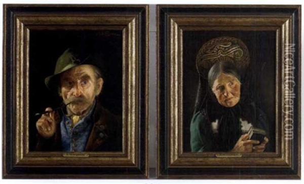 Portrait Of A Man (+ Portrait Of A Woman; Pair) Oil Painting - Alexander von Wagner
