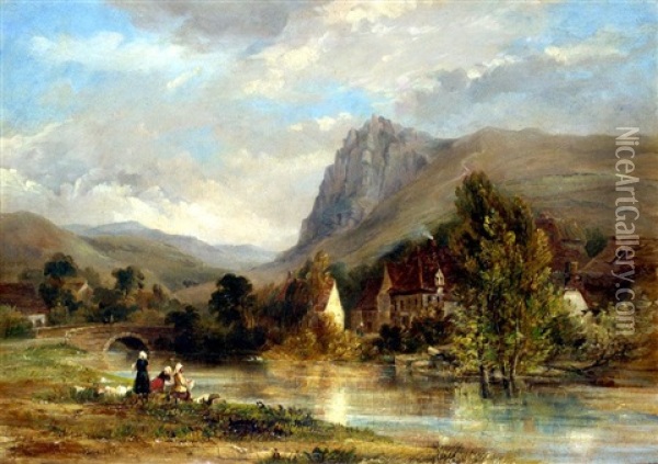 Washing On The River Oil Painting - Thomas Miles Richardson the Elder