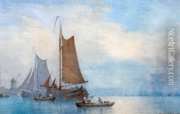 Dutch Barges In A Calm Oil Painting - George Stanfield Walters