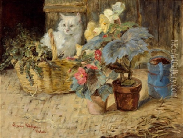 Katze Im Korb Und Blumentopfe Oil Painting - Clemence Nielssen