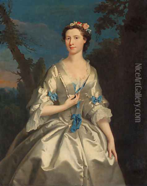 Portrait of the Duchess of Argyll, three-quarter-length, in an oyster satin dress trimmed with blue ribbons, in a wooded landscape Oil Painting - Joseph Highmore
