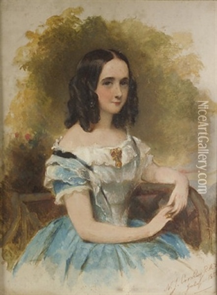 Portrait Of A Young Lady, Seated, In Blue Dress Oil Painting - Nicholas Joseph Crowley