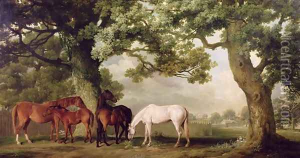 Mares and Foals Beneath Large Oak Trees, c.1764-68 Oil Painting - George Stubbs