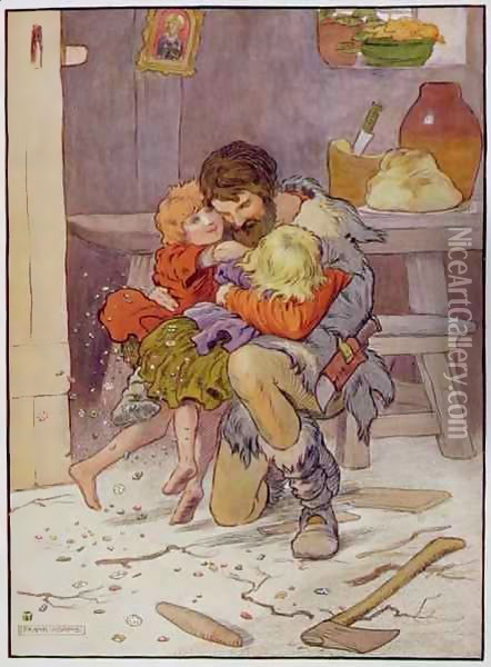 Hansel and Gretel return, illustration from 'The Beautiful Book of Nursery Rhymes, Stories and Pictures' Oil Painting - Frank Adams