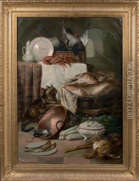 Nature Morte Aux Chat, Lievre Et Homard Oil Painting - Jules Contant
