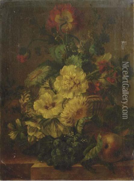 Carnations, Poppies, Roses And 
Other Flowers In A Basket With Black Grapes And Peaches On A Ledge Oil Painting - Jan Van Huysum