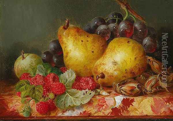 Still Life of Fruit and Nuts on a Marble Ledge (Pair) Oil Painting - Ellen Ladell