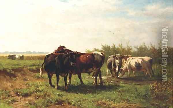 Les Paturages Hollandaises cattle in a meadow Oil Painting - Johannes-Hubertus-Leonardus de Haas