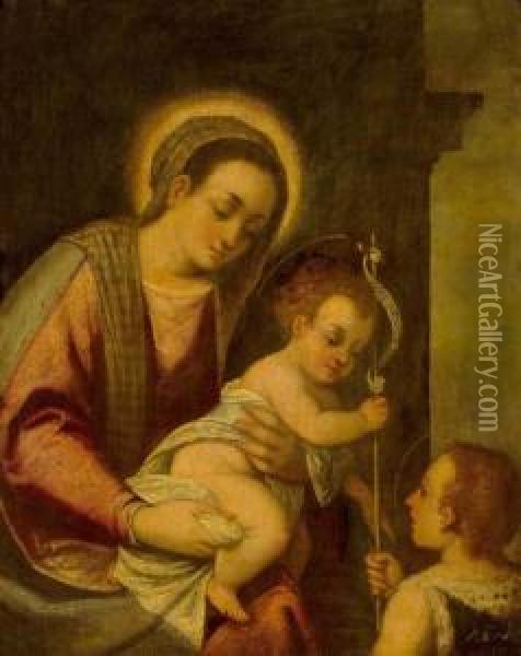 Mary, Jesus And John The Baptist. Oil Painting - Bonifacio Veronese (Pitati)
