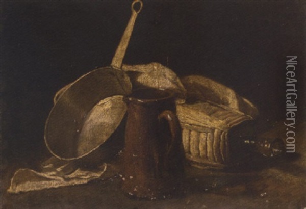 A Jug, A Saucepan And A Glass Bottle On A Partly Draped Table Oil Painting - Luis Melendez