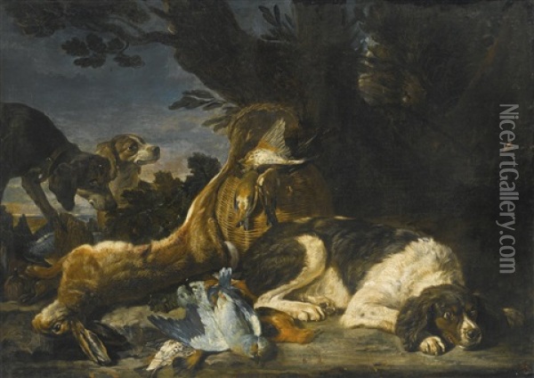 A Hare And Game Birds With Three Dogs, A Landscape Beyond Oil Painting - David de Coninck