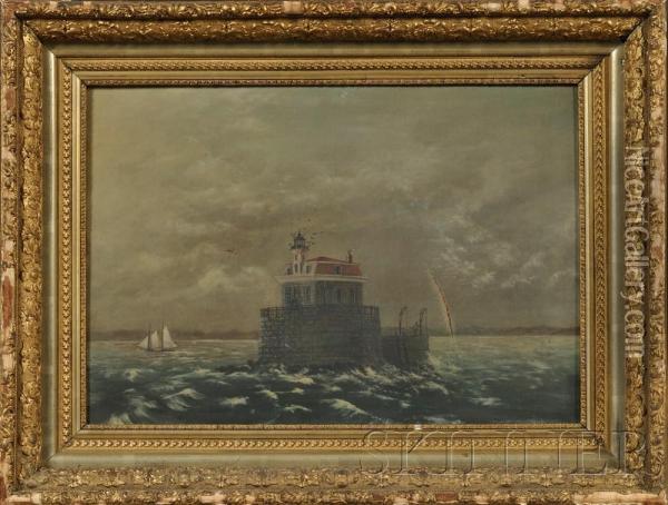 View Of The Penfield Reef Lighthouse Off Fairfield, 
Connecticut. Oil Painting - Augustus Waldo Eddy