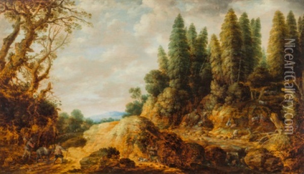 Baumreiche Landschaft Mit Wanderern, Maultier Und Ziegen Oil Painting - Gillis (Egidius I) Peeters