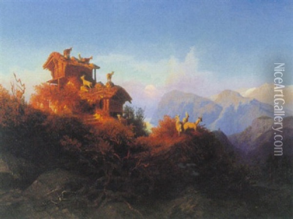 Solnedgang Over Bjergene, I Forgrunden Geder Ved Bjerghytte Oil Painting - Edward (Johan-Edvard) Bergh