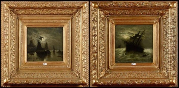 Marine Au Clair De Lune (+ Un Navire En Detresse; 2 Works) Oil Painting - Edouard-Joris Moerenhout