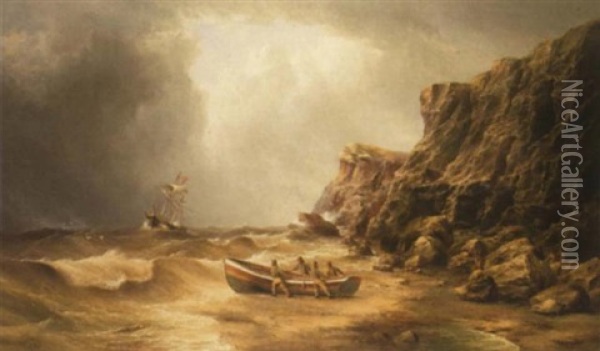 Fishermen Launching A Yorkshire Cobble Oil Painting - Henry Redmore