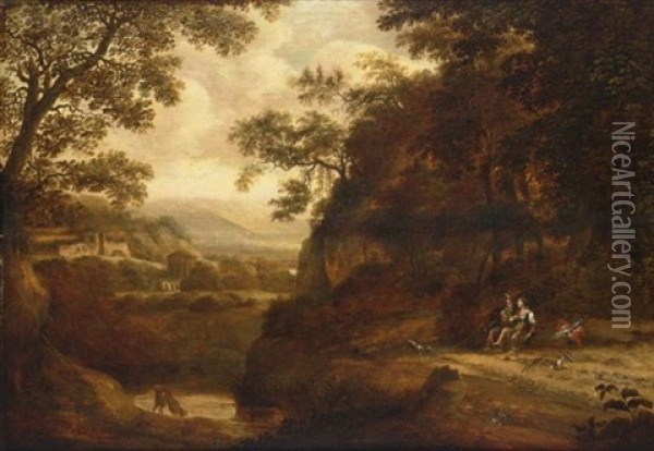 An Italianate Wooded Landscape With A Lady And A Sportsman Resting Under A Tree, A View Of A Temple And A Ruin Beyond Oil Painting - Pieter Jansz van Asch