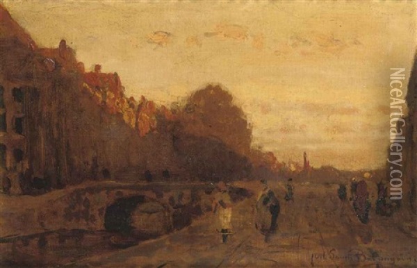 Het Spui Zonsondergang (the Spui At Sunset, The Hague) Oil Painting - Julius Jacobus Van De Sande Bakhuyzen