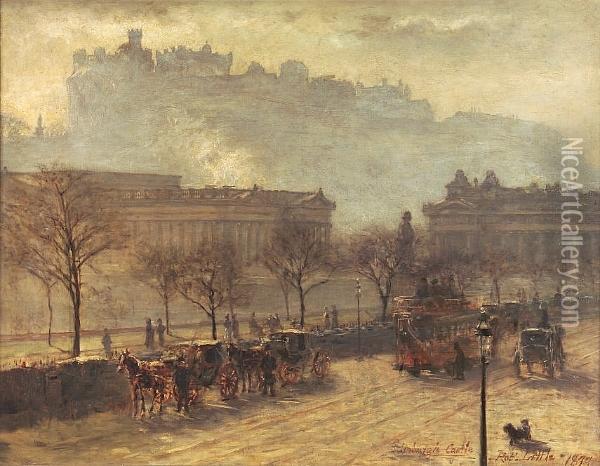 The Mound And Edinburgh Castle From The North Side Of Princes St, Edinburgh Oil Painting - Robert Little