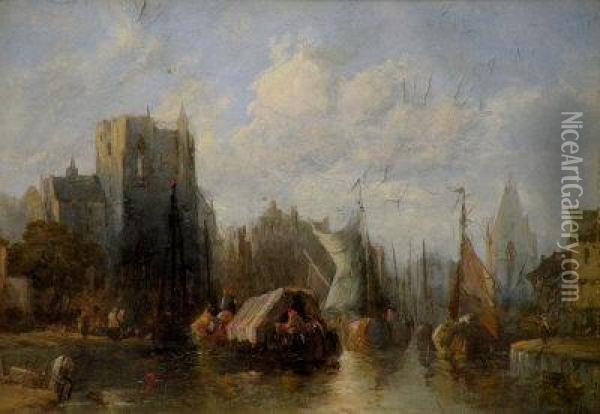 A Dutch Town Scene With Riverside Market Oil Painting - Alfred Montague