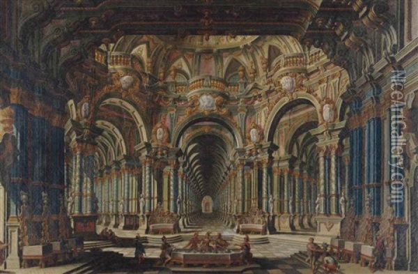 Capriccio Of A Palace Interior With Figures Banqueting, The Cornices Showing Scenes From Mythology Oil Painting - Francesco Galli Bibiena
