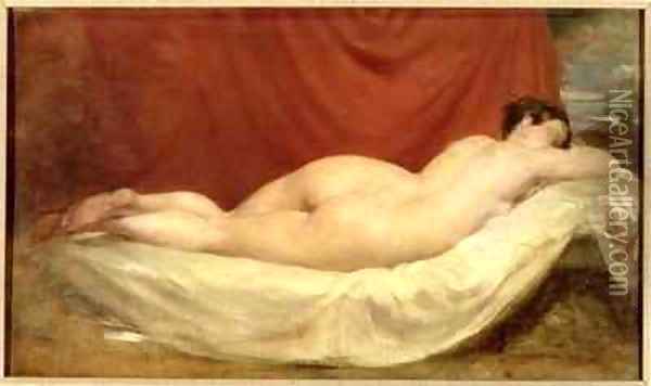 Nude Lying On A Sofa Against A Red Curtain Oil Painting - William Etty