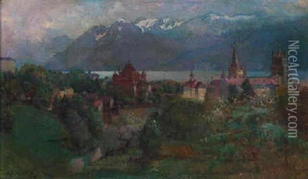A Swiss Town By Lake Geneva Oil Painting - Abraham Hermenjat