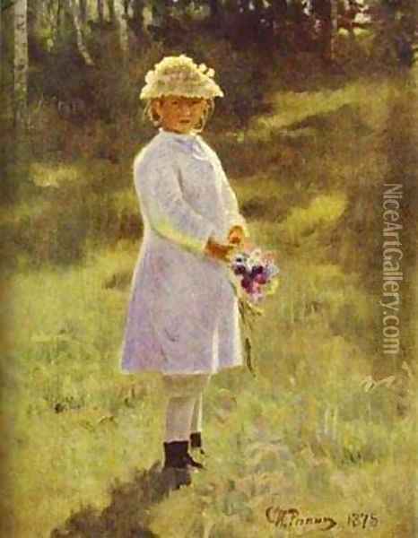 Girl With Flowers Daughter Of The Artist 1878 Oil Painting - Ilya Efimovich Efimovich Repin