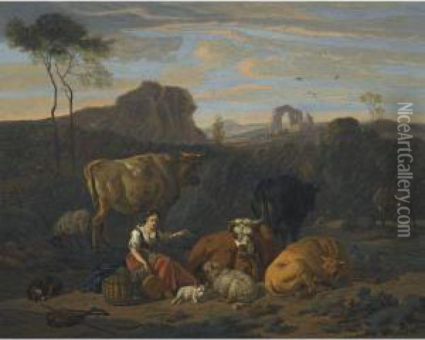 An Italianate Landscape With A Shepherdess Looking After Livestock Oil Painting - Dirk van Bergen