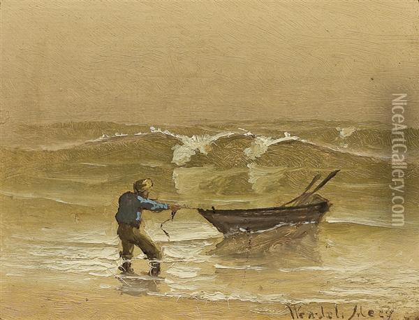 Beaching The Boat, Nantucket Oil Painting - Wendell F. Macy