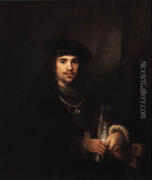 Portrait Of A Young Man Holding An Ottoman Short Sword In Scabbard Oil Painting - Govaert Flinck