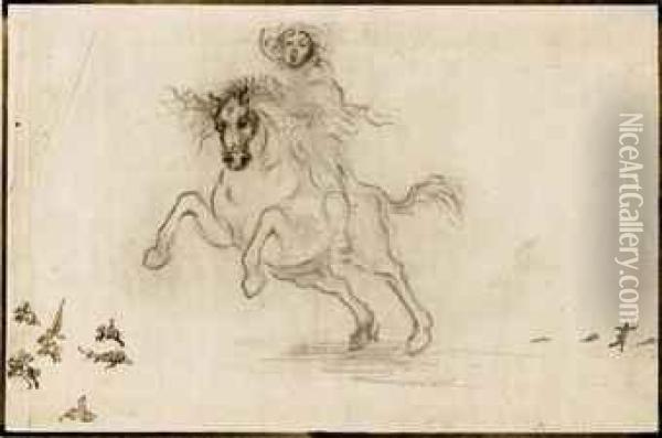 A Horseman And Sketches Of A Battlefield Oil Painting - Stefano della Bella