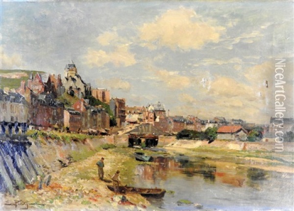 View Of A River Running Through A Town In Northern France With Boatmen In The Forground Oil Painting - Edmond Marie Petitjean