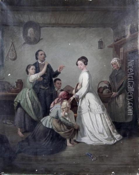 Interior Cottage Scene With Figures Oil Painting - Karl Johann Lindstrom