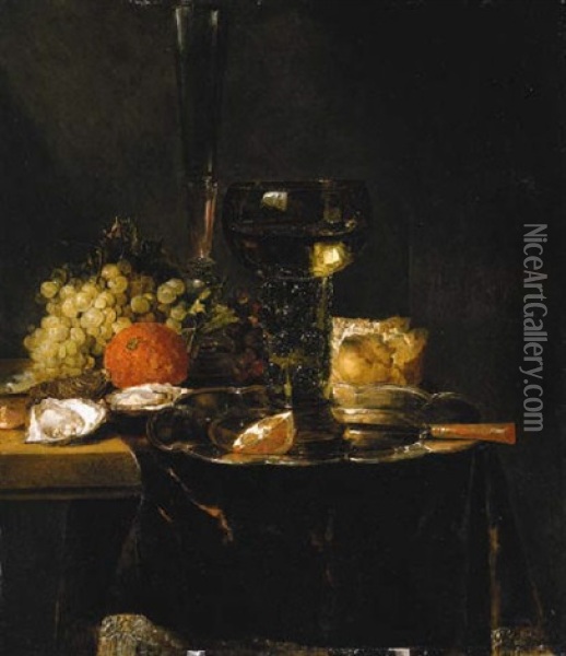 A Roemer, A Knife And An Orange Segment On A Silver Platter, With Oysters, Grapes And Other Food On A Partially Draped Table Oil Painting - Abraham van Beyeren
